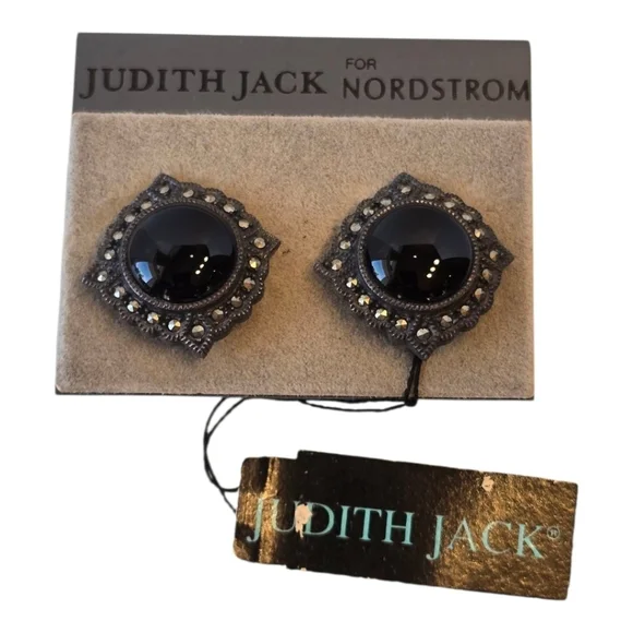 Judith Jack Black Onyx Marcasite Sterling Silver Vintage Clip Earrings